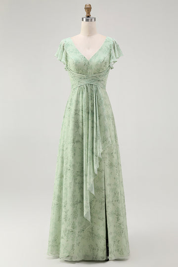 Dusty Sage A Line Short Sleeve Bridesmaid Dress with Slit